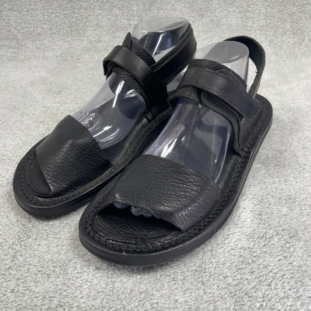 Trippen Sandals Women 9.5 Black Leather Open Toe Slingback Hook & Loop Straps